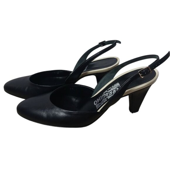 Salvatore Ferragamo Leather Slingback Heels With Contrast Sole  black/white 6.5 - Picture 8 of 13